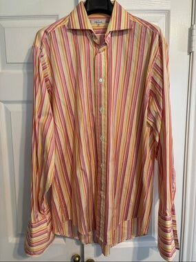 Faconnable Striped Dress Shirt in Yellow, Pink & Cream